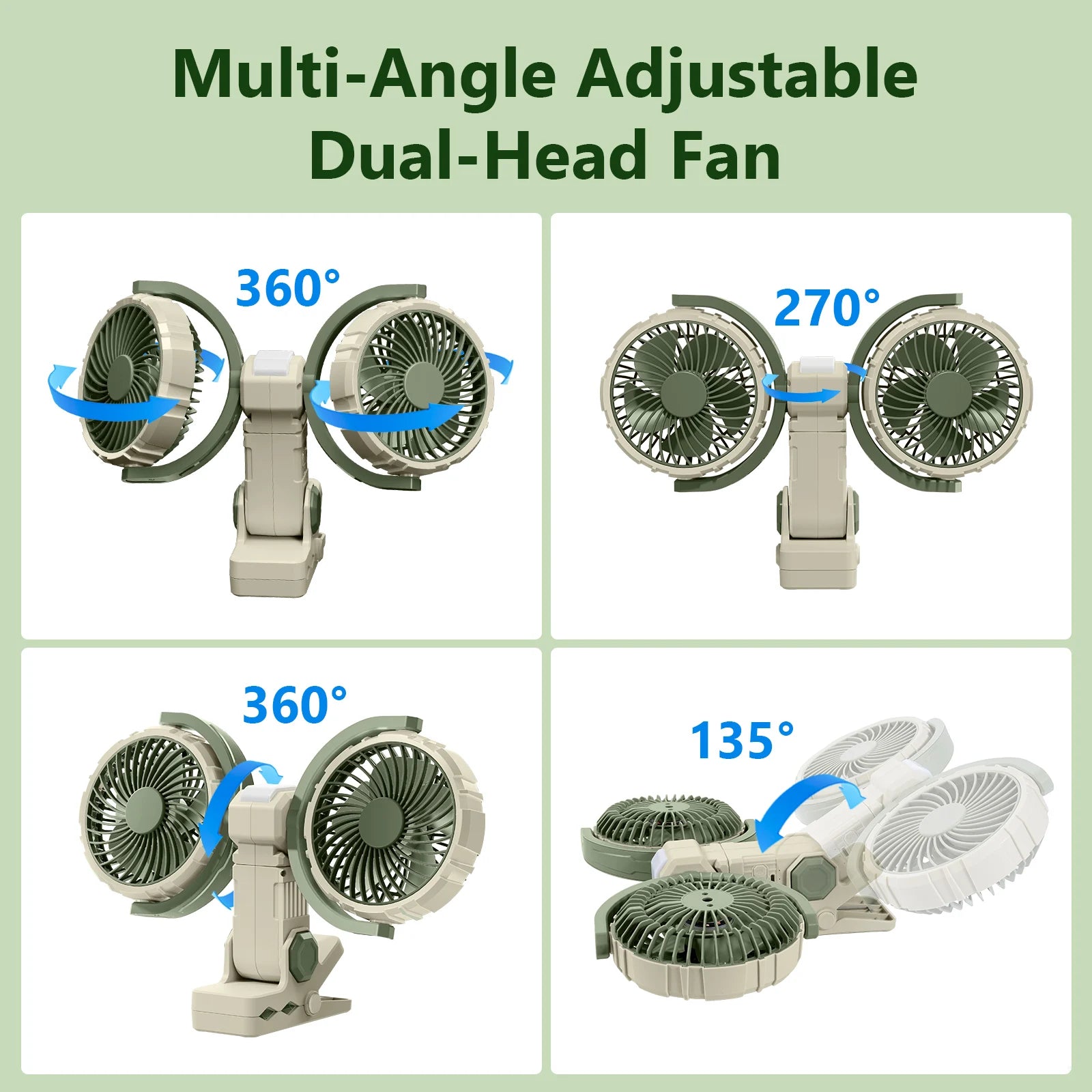 Eary Dual Head Clip On Fan Mount For Desktop With 4000mAh Battery Operated 3 Speed Adjustable 360 Rotatable Desk Air Cooling Fan