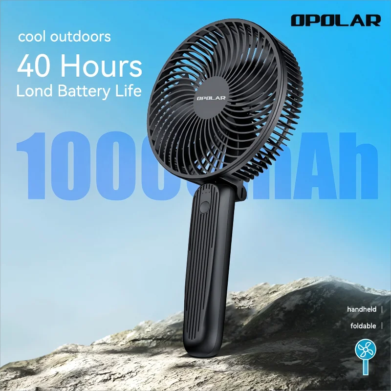 OPOLAR 6inch 10,000mAh Handheld Rechageable Mini Fan Foldable Handle Silent Strong Wind USB Fan for Home Room Outdoor Travel