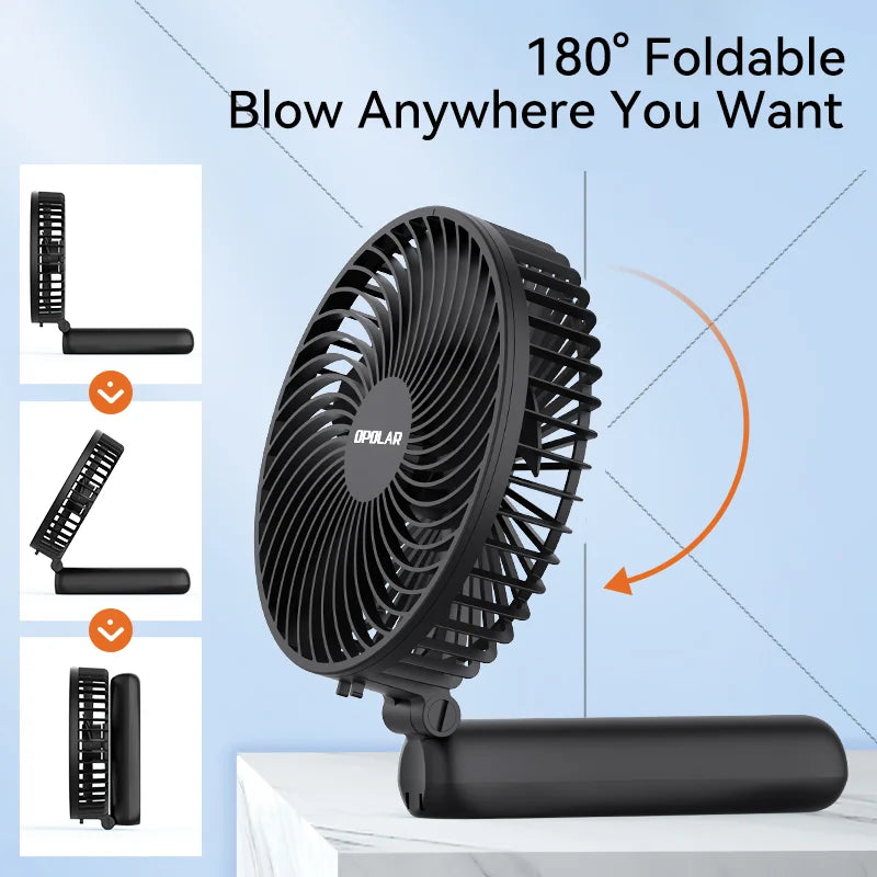 OPOLAR 6inch 10,000mAh Handheld Rechageable Mini Fan Foldable Handle Silent Strong Wind USB Fan for Home Room Outdoor Travel